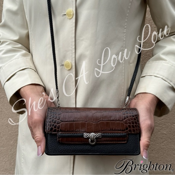 VTG Brighton🤎Leather Croc Embossed Brown/Black Wallet/Crossbody Bag - Picture 1 of 9